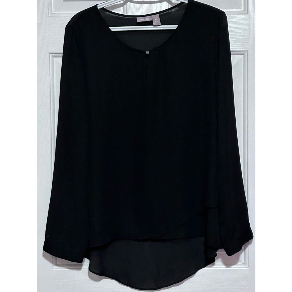 Chico’s Women's Black Sheer Long Sleeve High Low Blouse Size‎ 2 = 12